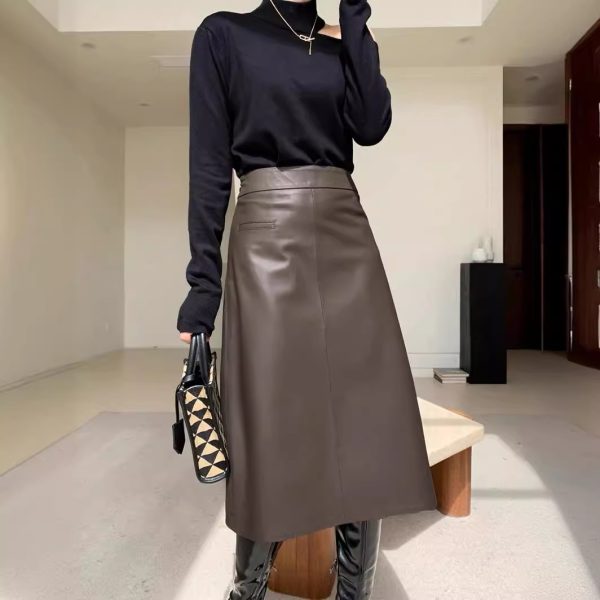 2024 New Genuine Leather Skirt Women's Sheepskin A- Line Skirt Mid-length Skirt Slimming Fashion - Image 2