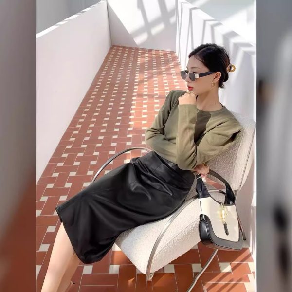2024 New Genuine Leather Skirt Women's Sheepskin A- Line Skirt Mid-length Skirt Slimming Fashion - Image 4