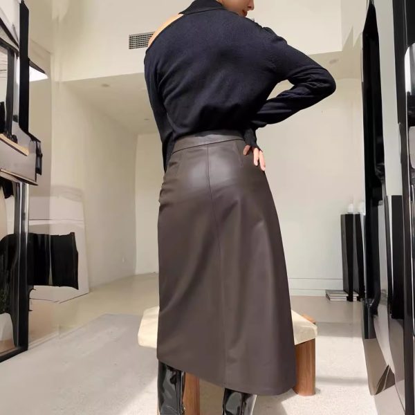 2024 New Genuine Leather Skirt Women's Sheepskin A- Line Skirt Mid-length Skirt Slimming Fashion - Image 3