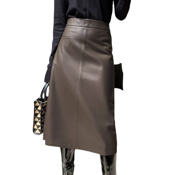 2024 New Genuine Leather Skirt Women's Sheepskin A- Line Skirt Mid-length Skirt Slimming Fashion - Image 5