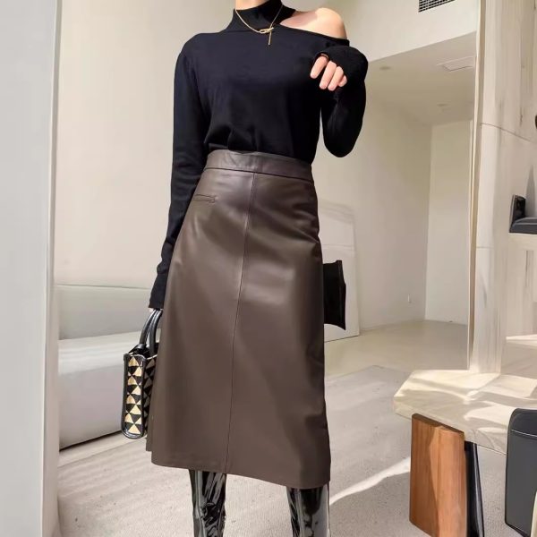 2024 New Genuine Leather Skirt Women's Sheepskin A- Line Skirt Mid-length Skirt Slimming Fashion